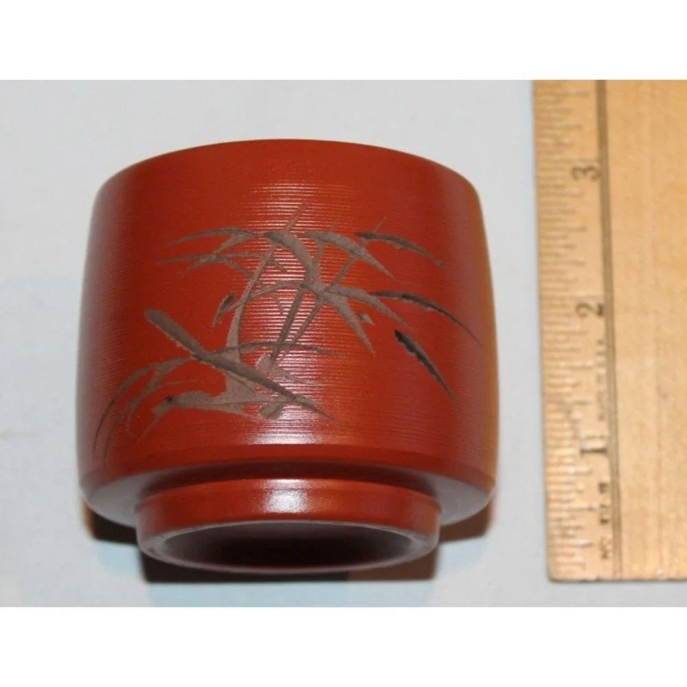 4 Japanese Tokoname red clay sake cups bamboo design set